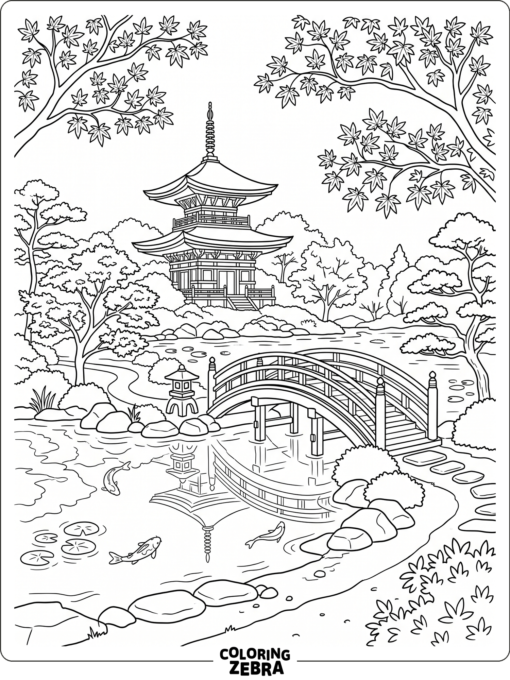 A Japanese garden with a bridge, pond, and pagoda