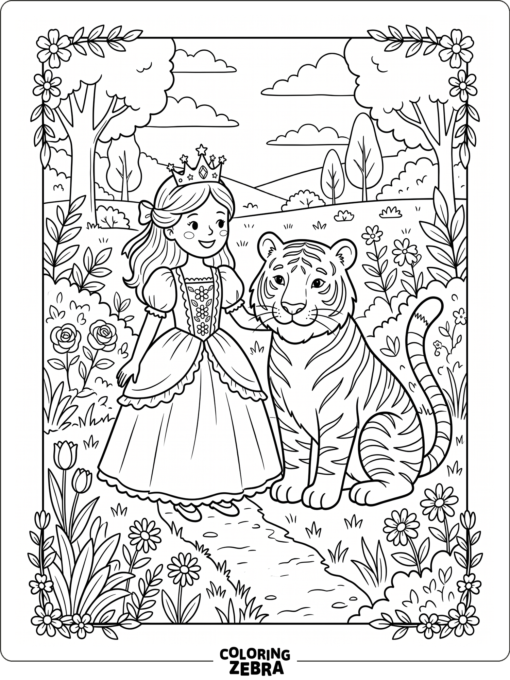 A princess standing beside a tiger in a garden