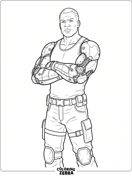 Jax from Mortal Kombat standing with his metal arms crossed