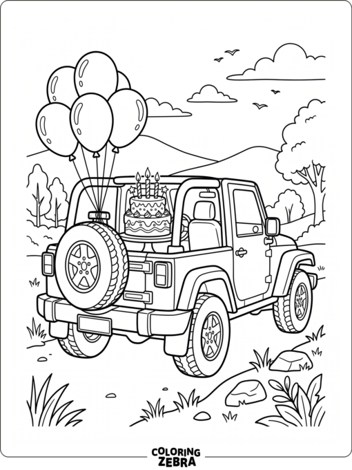Jeep with balloons and a birthday cake