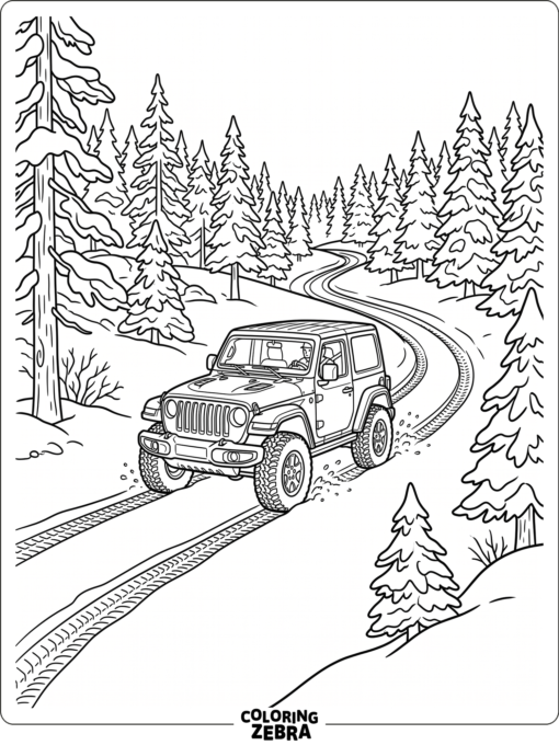 Jeep driving through snow near pine trees