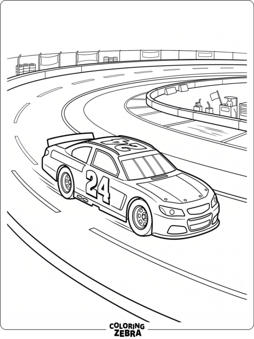 A race car with number 24 on an oval track