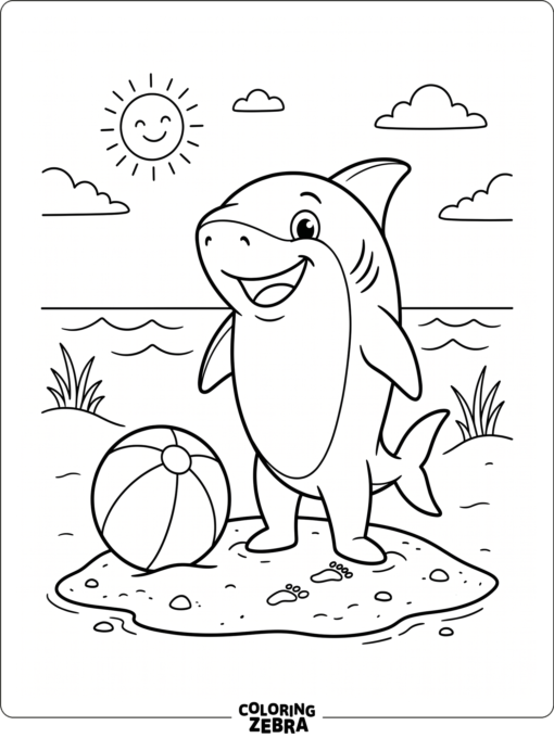 A cartoon land shark stands on sand beside a beach ball