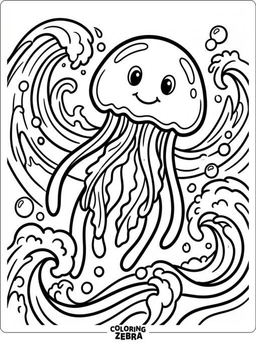 A jellyfish with bold outlines and simple waves
