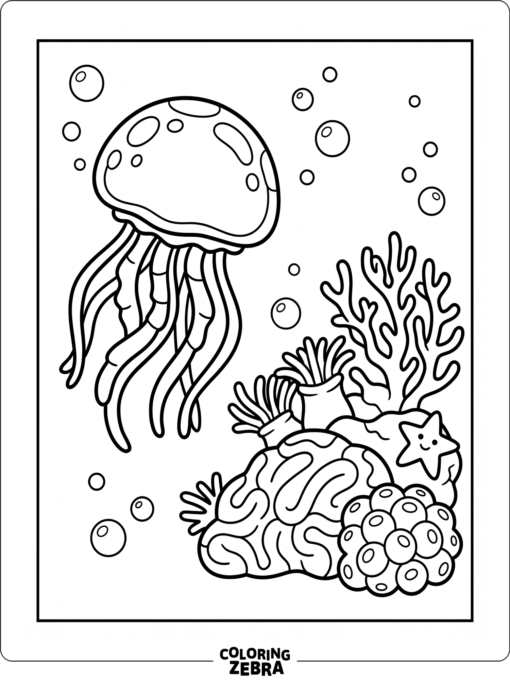 A jellyfish outline beside coral and drifting bubbles