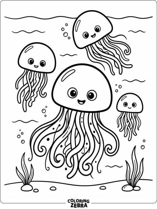 A jellyfish floating in clear water with bold outlines