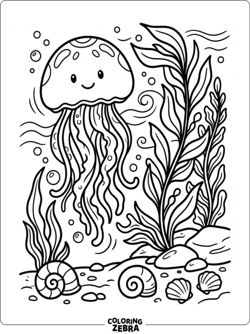 A jellyfish rising beside seaweed and shells