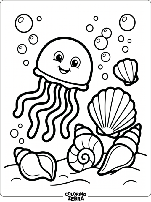 A jellyfish floating beside seashells and bubbles