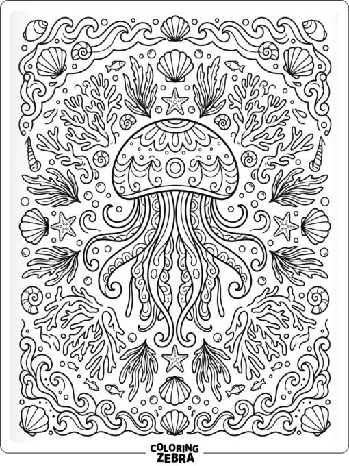 A jellyfish surrounded by ocean mandala patterns