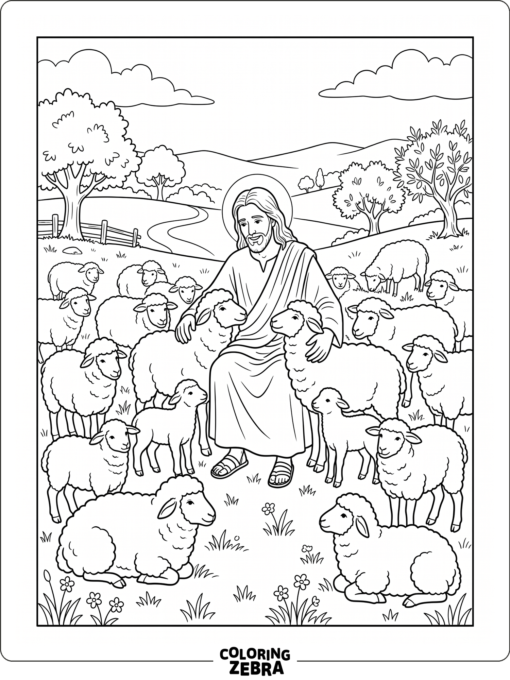 Jesus with sheep in a peaceful field