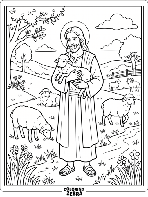 Jesus holds a lamb while sheep stand in a calm field