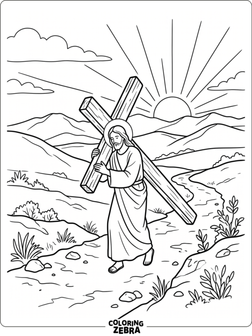 Jesus carrying a cross at sunrise