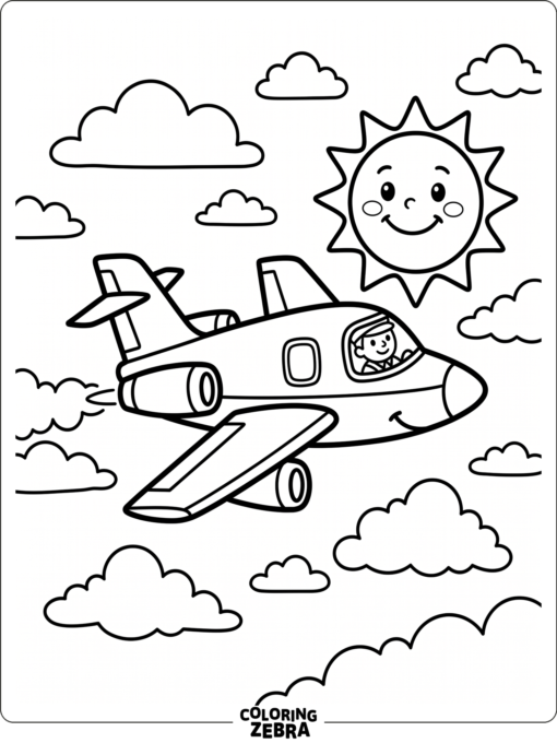 A kid-friendly jet flying with clouds and a smiling sun