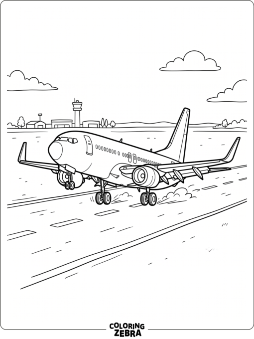 Jet landing with wheels down on a runway