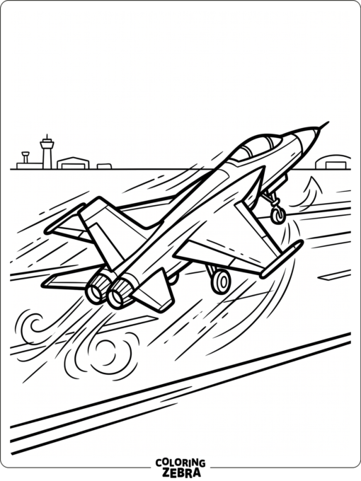 A jet taking off from a runway with motion lines
