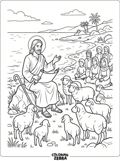Jesus stands with sheep nearby in a simple shoreline scene