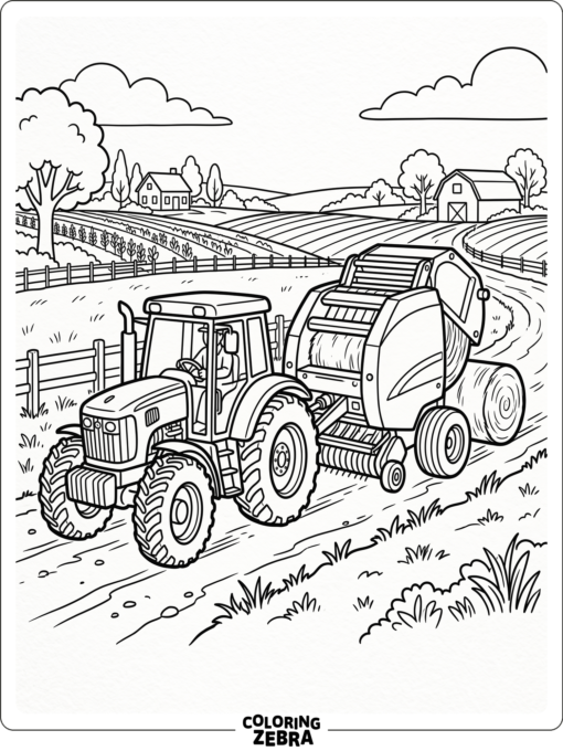 A round baler behind a tractor