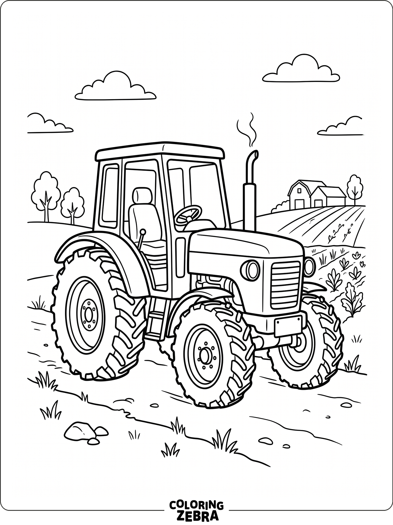 A green tractor with large tires and a simple farm scene