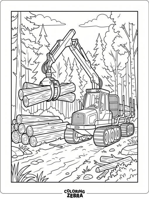 A forestry machine with a grapple arm lifting logs