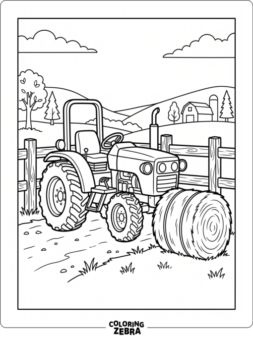 A utility tractor beside a fence and hay bale