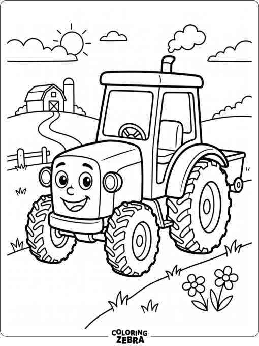 A happy tractor with big wheels and a sunny sky