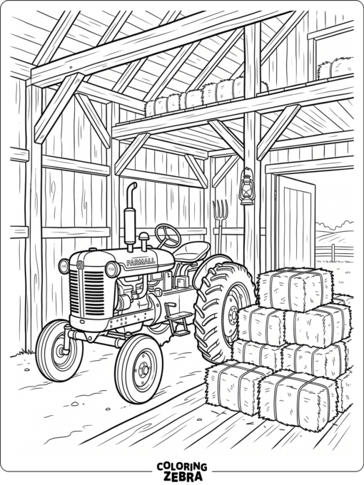 A tractor parked in a barn near hay bales