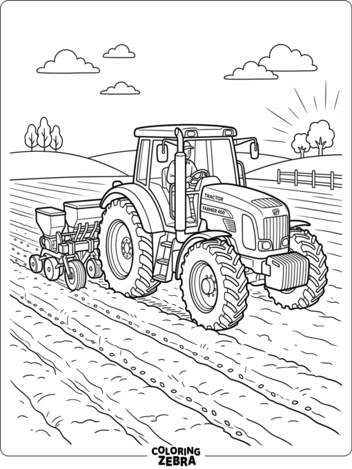 A tractor planting crops in a field