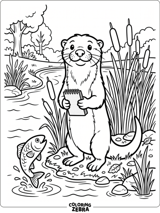 An otter holding a notebook by the water