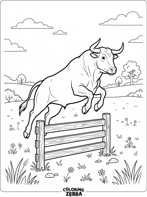 A bull jumping over a low fence in a field