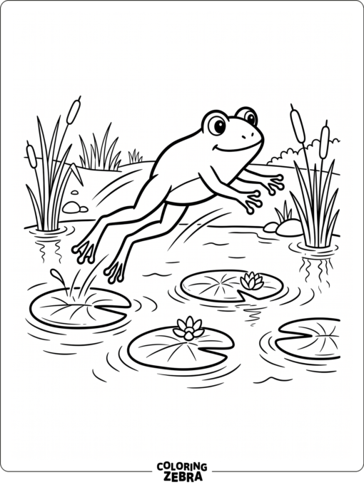 A frog leaping across a pond with lily pads