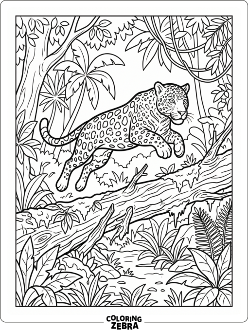 A jaguar jumping over a fallen branch