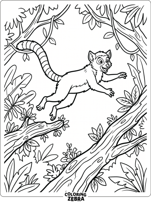 A lemur leaps between two tree branches with open space