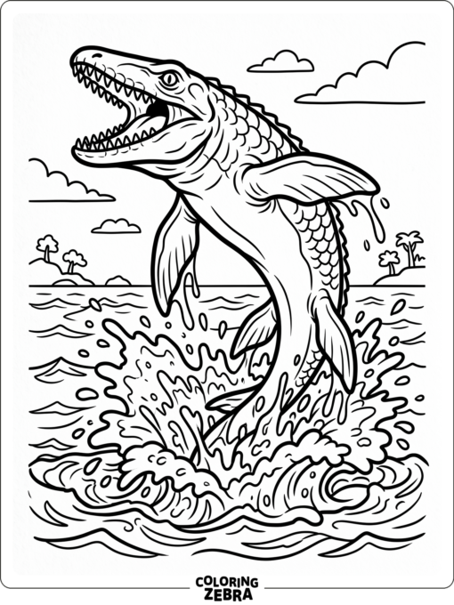 A mosasaurus leaping out of the ocean