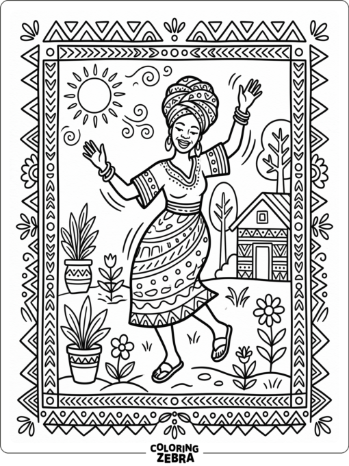 Joyful folk art figure with patterned borders