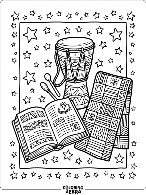 Heritage collage with a drum, book, and stars