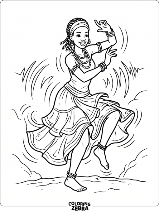 African dance pose with flowing skirt and beads