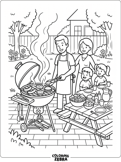 Family barbecue grill with food and picnic sides