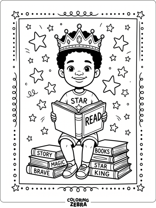 Confident Black child with books, a crown, and stars