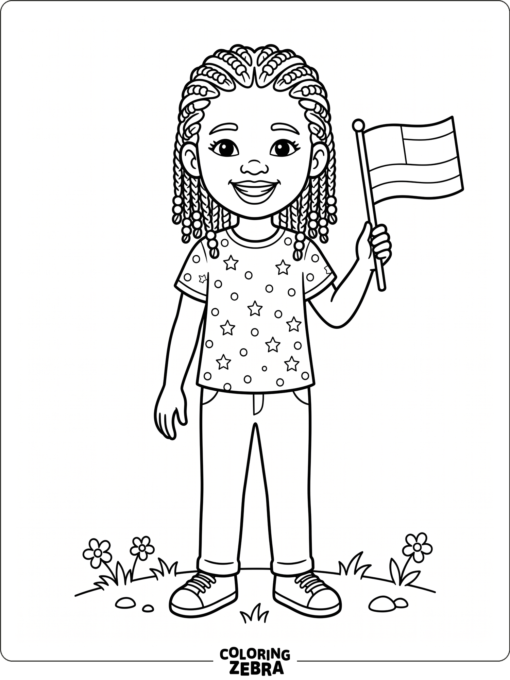 Young Black girl with braids holding a small flag
