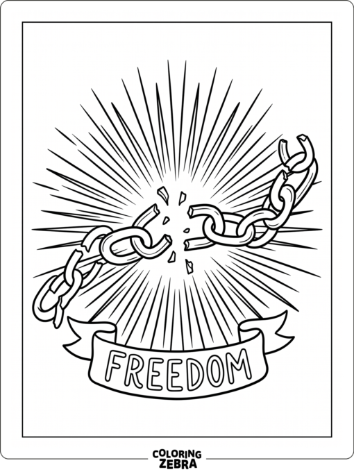 Broken chains with light rays and a banner