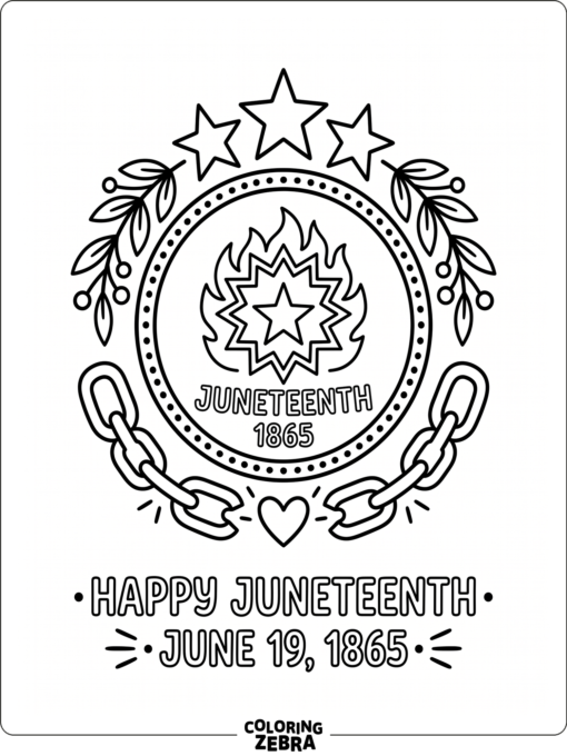 Simple Juneteenth symbols with a flag, chain links, and a heart