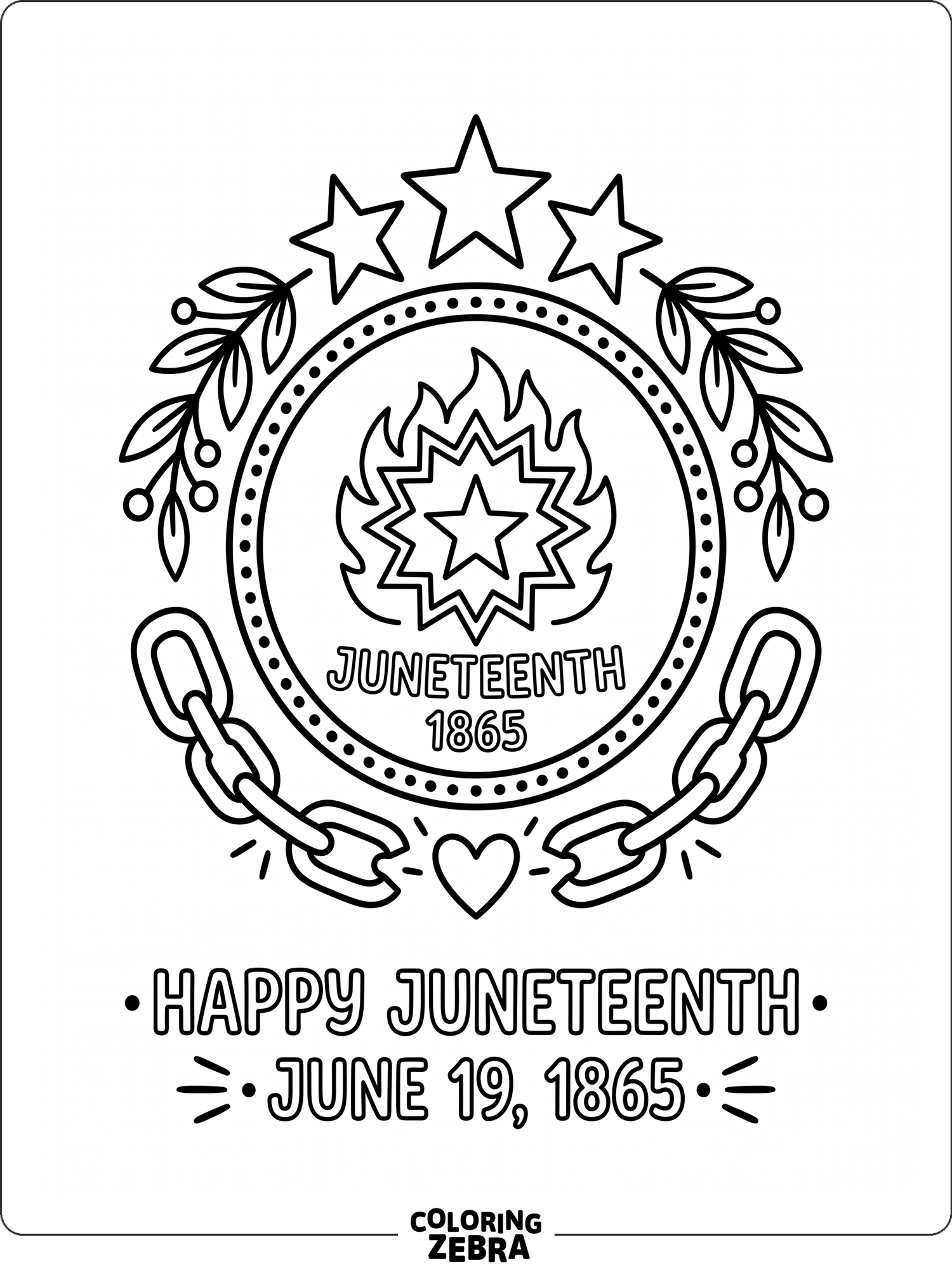 Simple Juneteenth symbols with a flag, chain links, and a heart