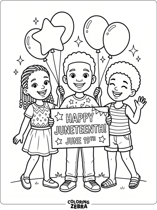 Smiling children holding a Juneteenth sign