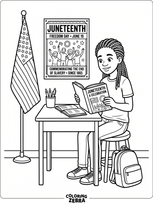 Middle school student reading near a Juneteenth poster