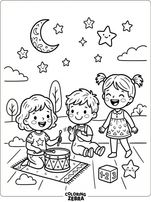 Smiling children with stars and a small drum for preschool