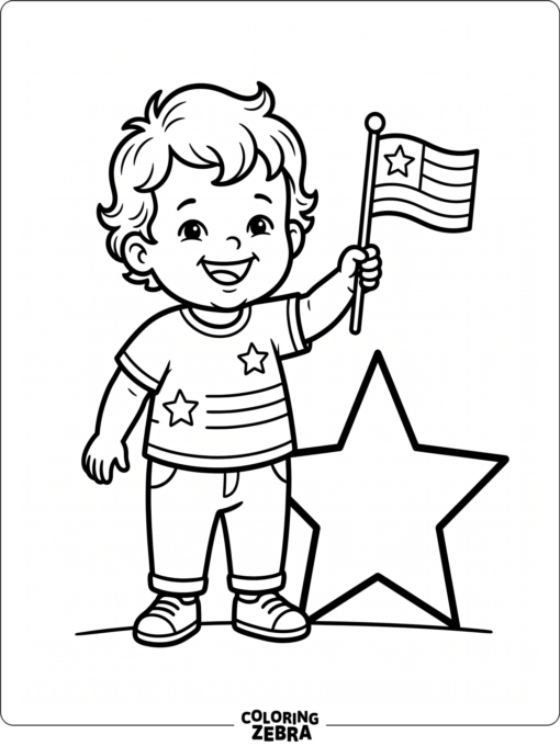 Toddler holding a flag beside a star