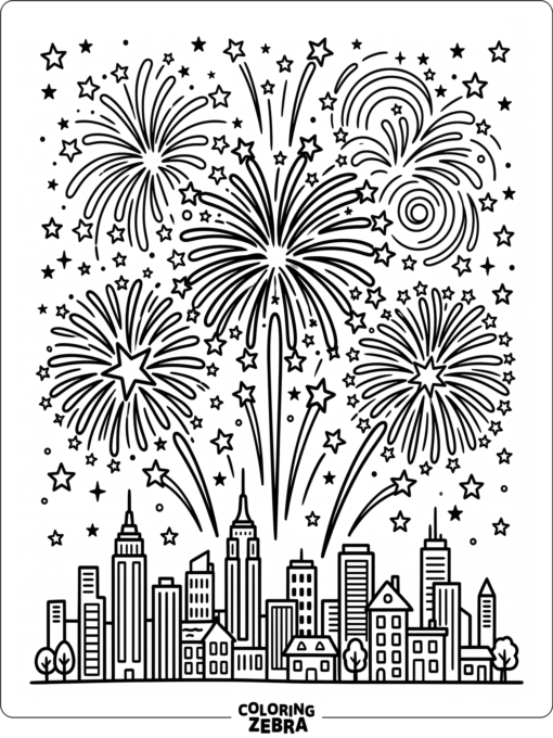 Fireworks bursting above a simple skyline
