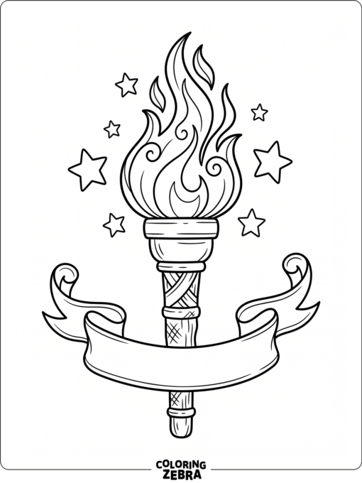 Torch with flames, stars, and a ribbon banner
