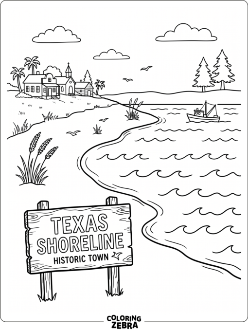 Historic Texas shoreline with a town sign