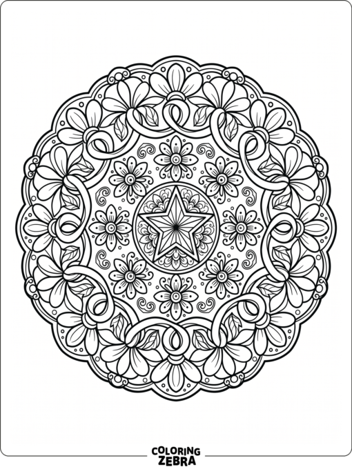 Mandala with a central star, flowers, and ribbon shapes